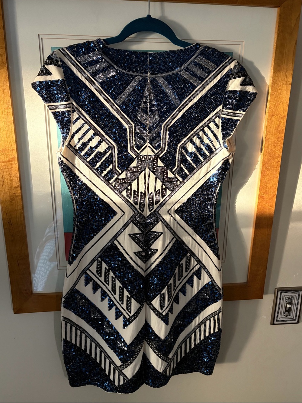 Express Blue and Cream Sequin Geometric Stretchy Fitted Mini Dress. NWOT. - Picture 4 of 7